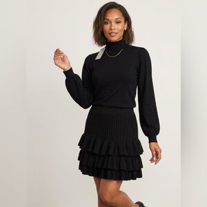 BTFL-LIFE Black Mock Neck Tiered Ruffle Sweater Dress Medium NWT Pleated Mini